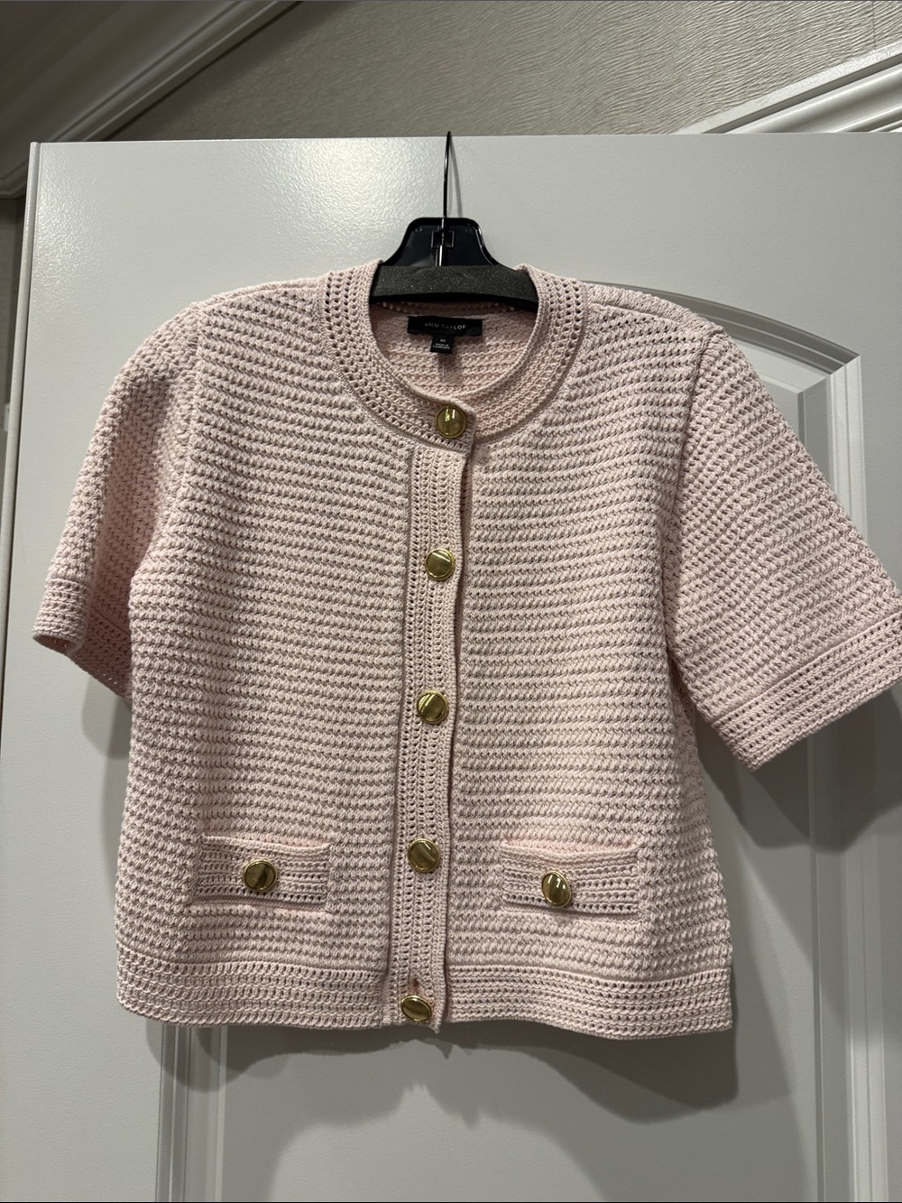 Ann Taylor Pale Pink Short-Sleeve Knit Cardigan with Gold Buttons